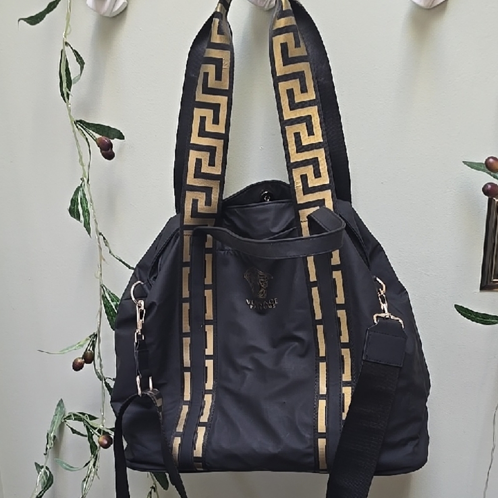 EUC Versace Medusa Faux Leather Black Tote with Gold Accents & Greek Key Design